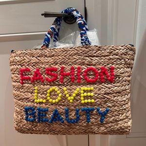 Straw Raffia beach bag tote Fashion Love Beauty twilly handles